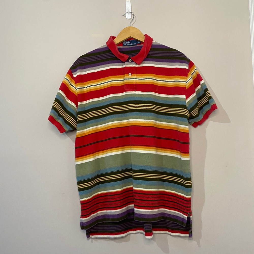 Polo Ralph Lauren Vintage Mens XL Multi Color Striped Short Sleeve Polo Shirt